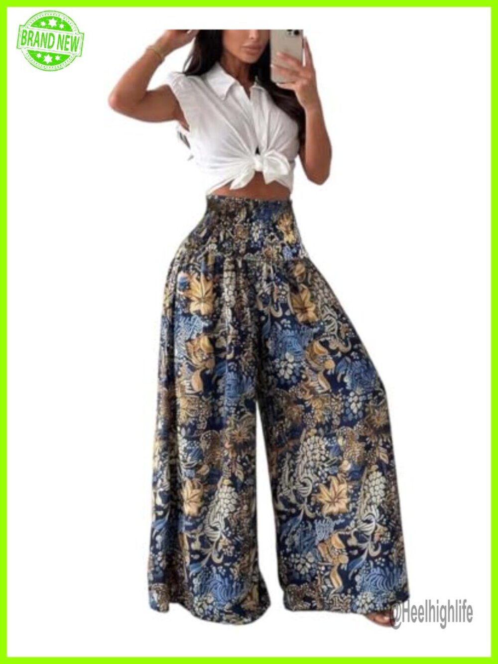 Women's High Waisted Wide Leg Palazzo Pants Smocked Waist Flowy Summer Beach